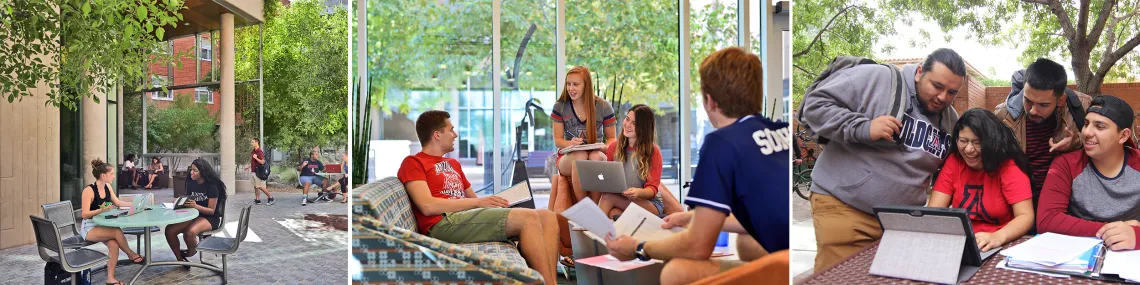3 candid photos of student sitting in common areas of dorms smiling