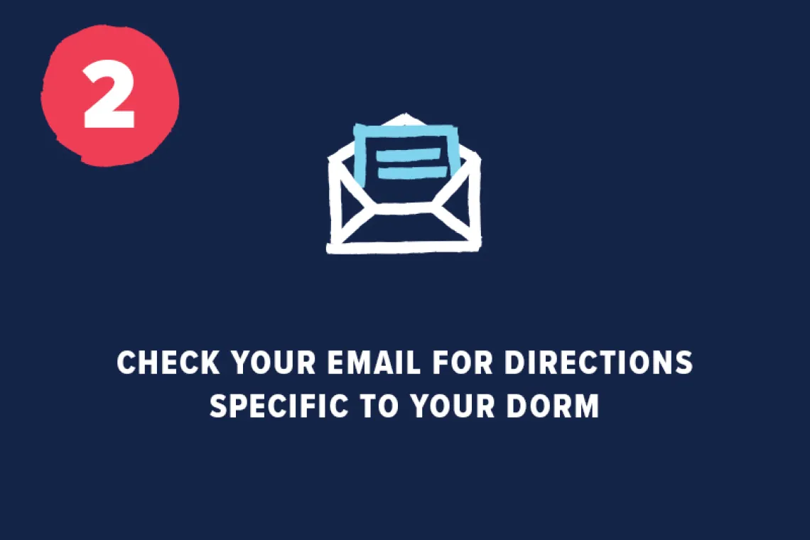 Letter coming out of envelope icon with "Check your email for directions specific to your dorm" underneath