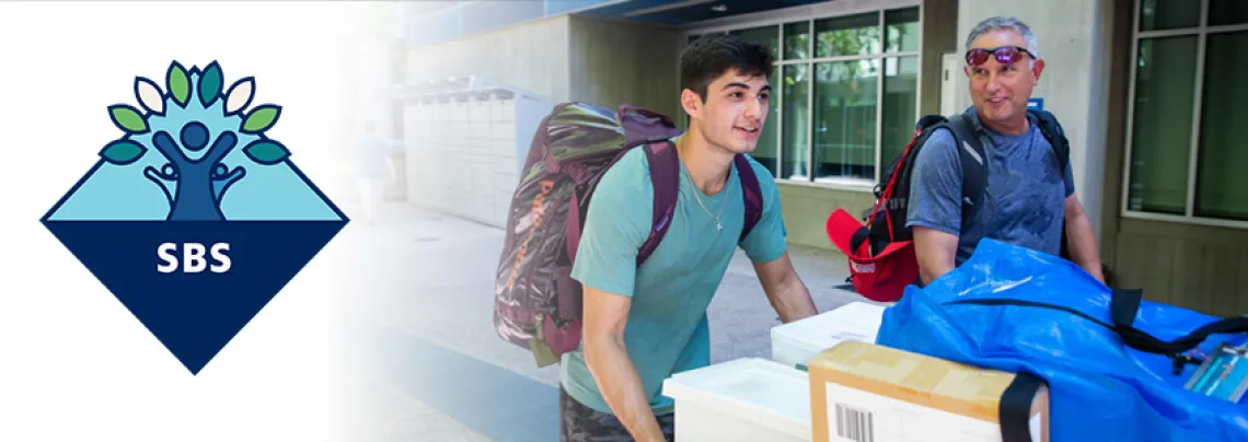 Student and father rolling moving bins