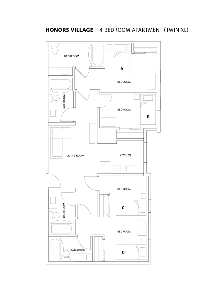 4 Bedroom Honors Village Twin XL Room Layout