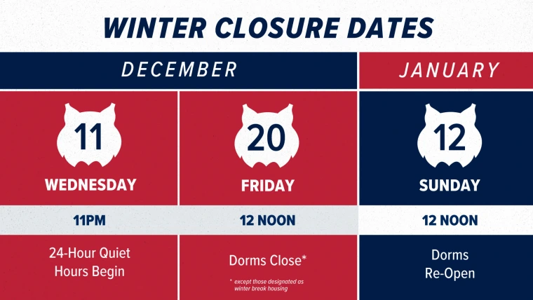 Winter Closing Calendar displaying dates of dorm quiet hours as 12/11, dorm closing as 12/20 and dorm opening as 1/12.