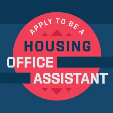 Apply to be a Housing Office Assistant blue and red graphic